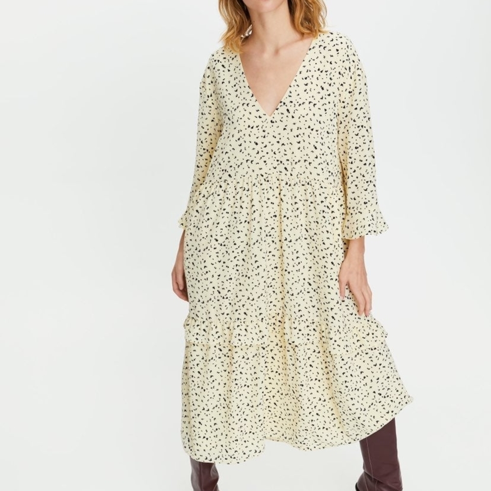 Little Moon Cream and Black Patterned Long Sleeve Dress